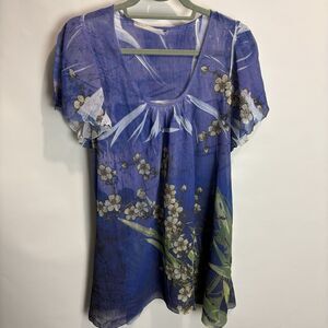 Mushka Sienna Rose V-Neck Blouse Tunic Top Med Blue White Floral Artsy Flowy
